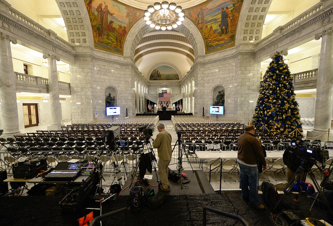 (Francisco Kjolseth  |  The Salt Lake Tribune)  Media crews set up at the Utah Capitol as U.S. President Donald Trump is scheduled to arrive on Monday, Dec. 4, 2017. President Trump will be joined by Sen. Orrin Hatch and Interior Secretary Ryan Zinke to sign an executive order to shrink Bears Ears and Grand Staircase-Escalante national monuments.