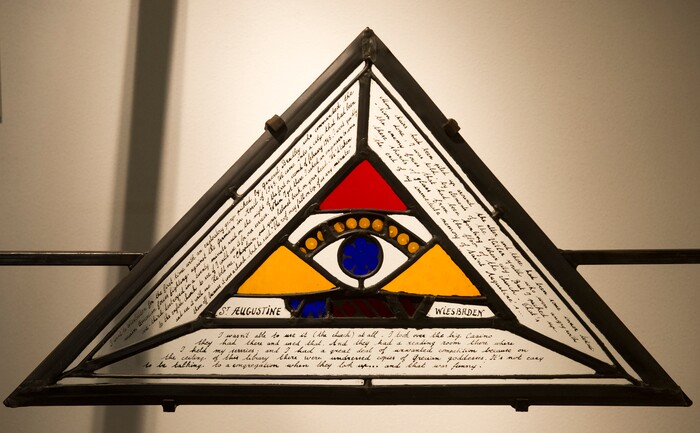 (Rick Egan  |  The Salt Lake Tribune)      Wiesbaden, Germany, Church of St. Augustine, is part of the the McDonald Windows, stained glass exhibit, "Remembered Light," which features fragments from World War II windows. The exhibit brought to Utah by the Salt Lake Interfaith Roundtable & the Peace Committee of the Utah District of Rotary International. The exhibit runs through Nov 17, at 175 South Main, in Salt Lake City. Monday, Oct. 29, 2018.



