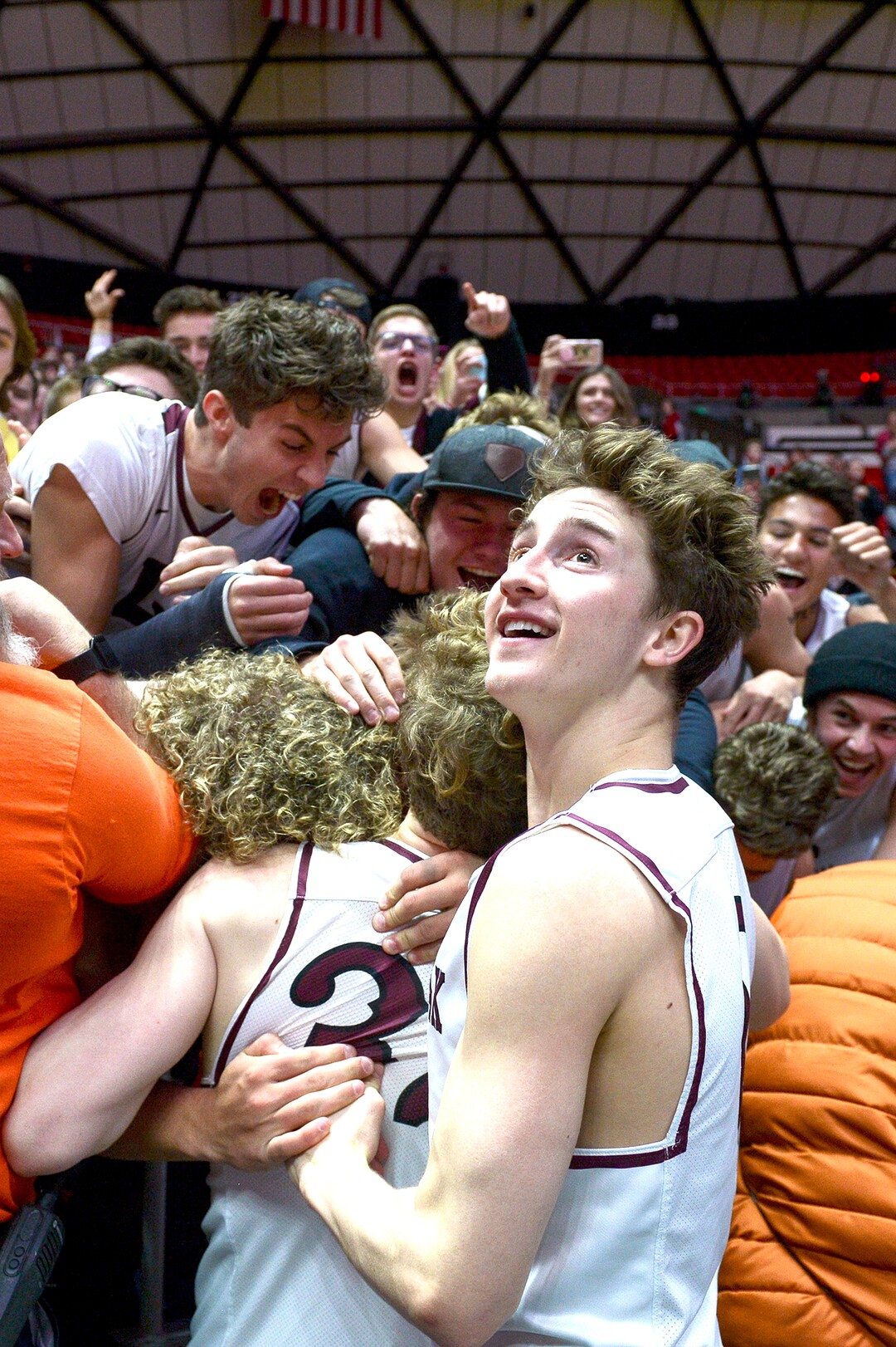 (Leah Hogsten  |  The Salt Lake Tribune) Lone Peak fans celebrate the win. Lone Peak defeated Pleasant Grove 61-44 to win the 6A High School BoysÕ Basketball Tournament Championship at the Jon M. Huntsman Center in Salt Lake City, Saturday, March 3, 2018. 