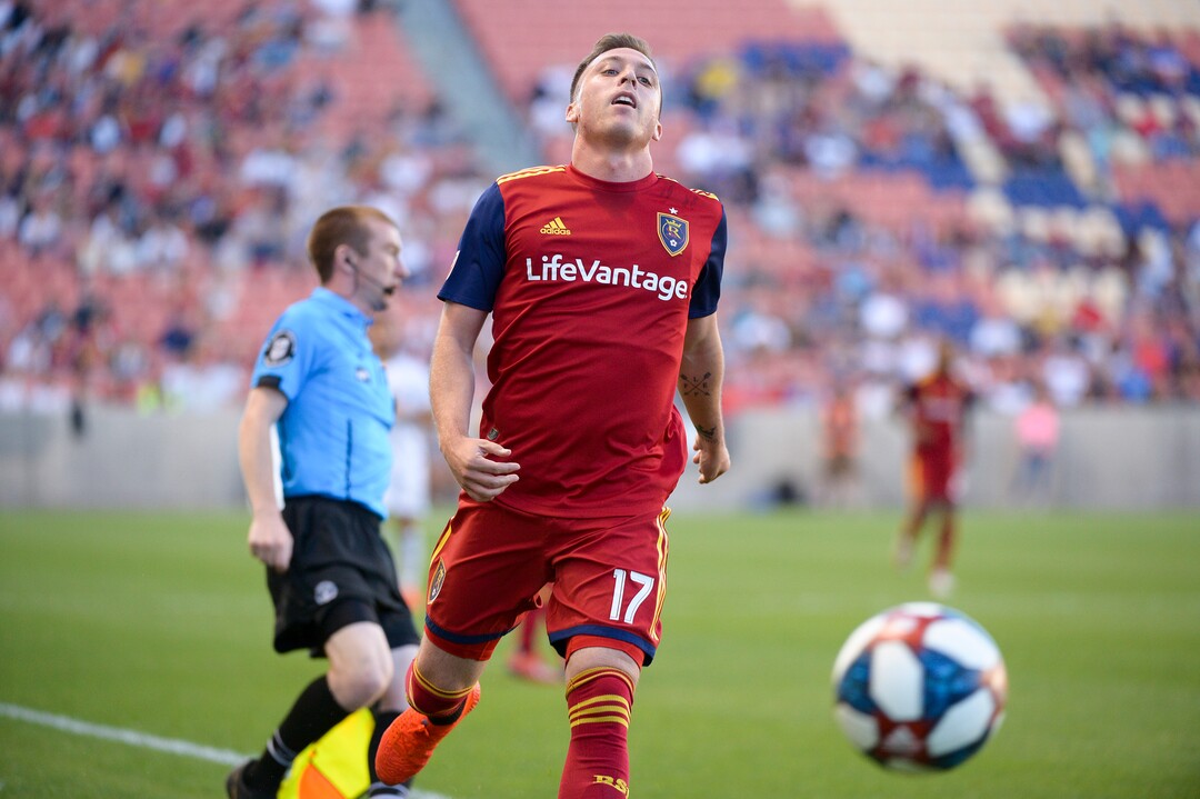 (Leah Hogsten  |  The Salt Lake Tribune) Real Salt Lake forward Corey Baird (17) can’t recover the ball that heads out of bounds as Real Salt Lake hosts Los Angeles Football Club in the fourth round of the Lamar Hunt U.S. Open Cup, June 11, 2019 at Rio Tinto Stadium in Sandy.