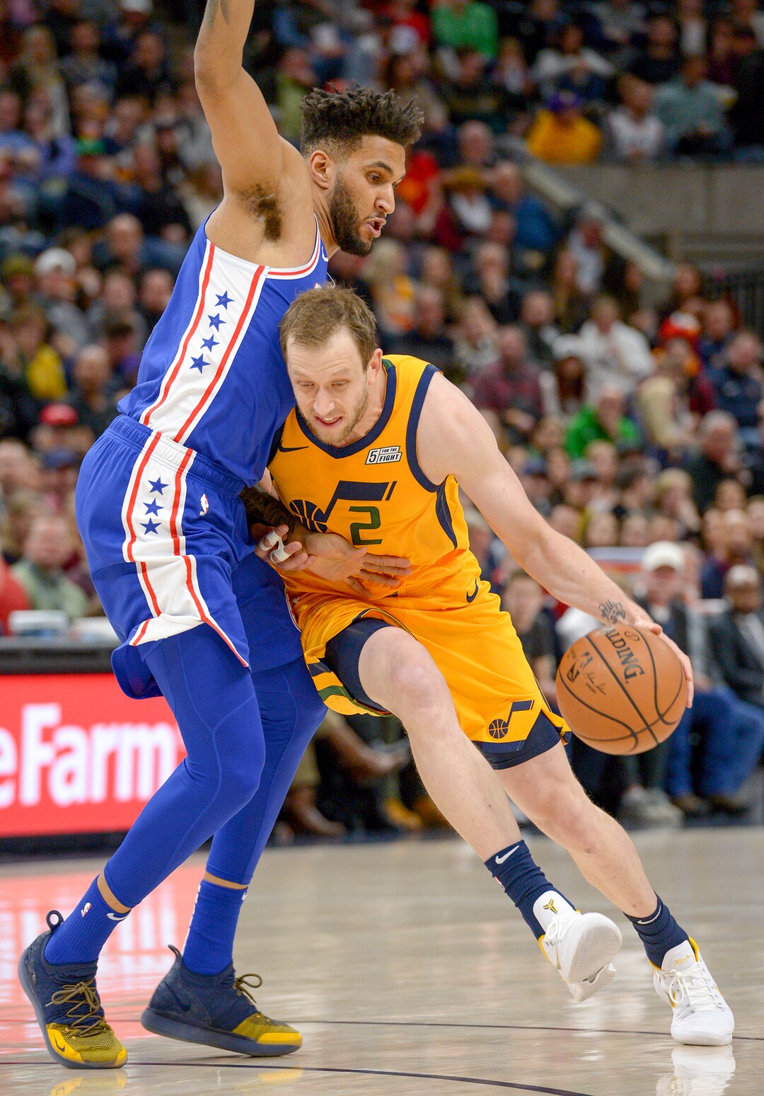 Leah Hogsten  |  The Salt Lake Tribune  Utah Jazz forward Joe Ingles (2) drives past Philadelphia 76ers forward Jonah Bolden (43) as the Utah Jazz host the Philadelphia 76ers at Vivint Smart Home Arena, Thursday, December 27, 2018. 