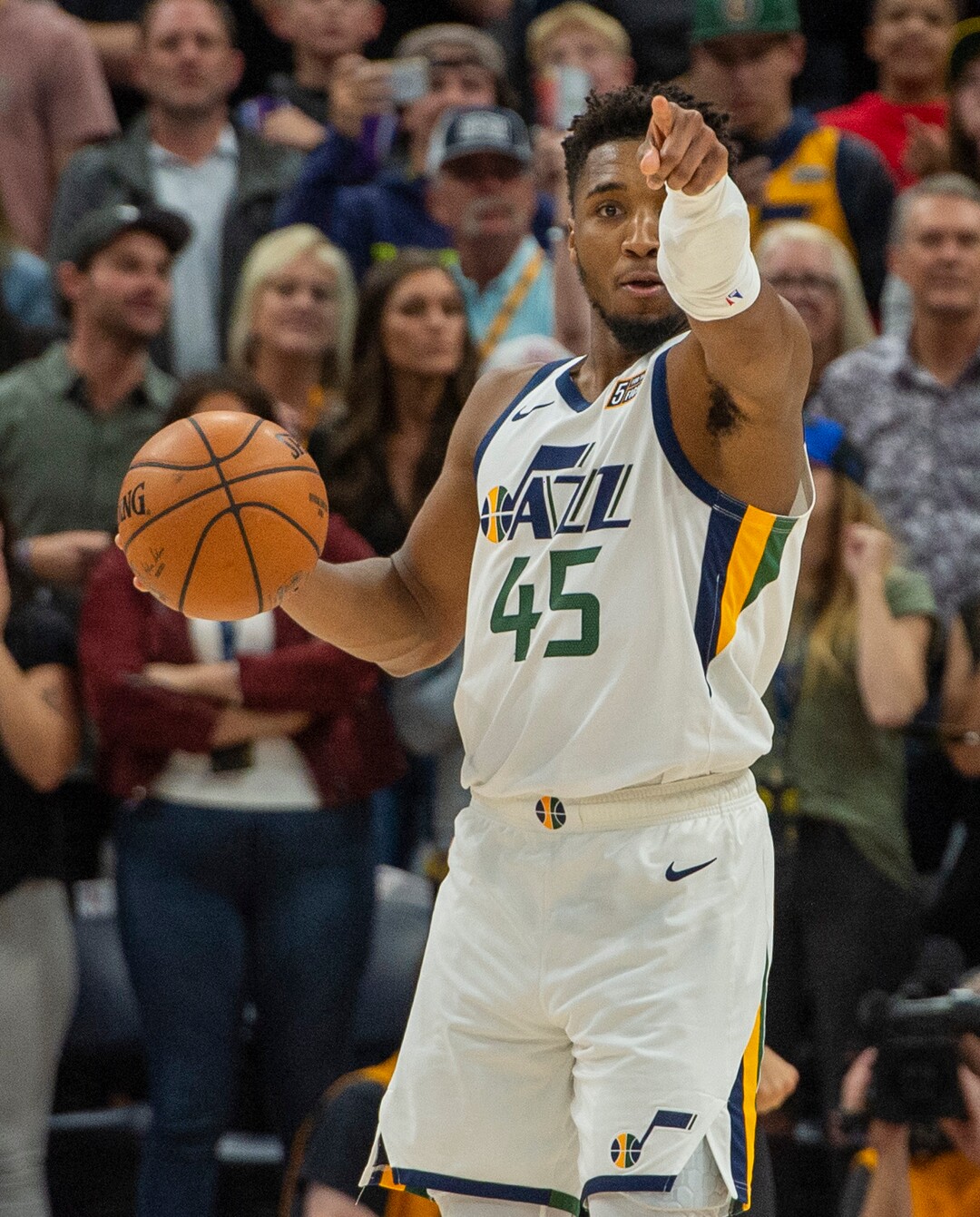 (Rick Egan  |  The Salt Lake Tribune)        Utah Jazz guard Donovan Mitchell (45) smiles after being found in the final seconds of the game as the Jazz, defeat the Nets, in NBA basketball action between the Utah Jazz and the Brooklyn Nets in Salt Lake City, Tuesday, Nov 12, 2019.