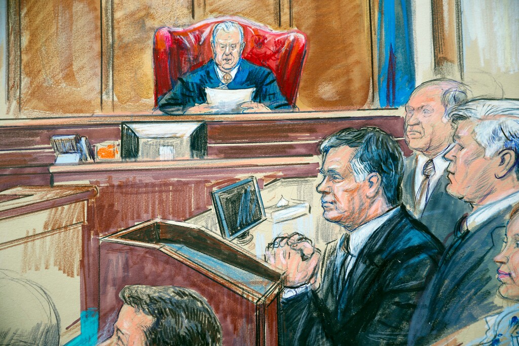 This courtroom sketch shows Paul Manafort listening to U.S. District court Judge T.S. Ellis III at federal court in Alexandria, Va., Tuesday, Aug. 21, 2018. Manafort, the longtime political operative who for months led Donald Trump's winning presidential campaign, was found guilty of eight financial crimes in the first trial victory of the special counsel investigation into the president's associates. A judge declared a mistrial on 10 other counts the jury could not agree on. (Dana Verkouteren via AP)