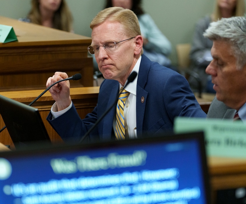 (Leah Hogsten | The Salt Lake Tribune) Rep. Steve Christiansen, R-South Jordan and Rep. Phil Lyman, R-Blanding push for a forensic audit of the 2020 election during Wednesday's Judiciary Interim Committee's meeting on election integrity, to "hear presentations on perspectives regarding election integrity" according to the agenda.