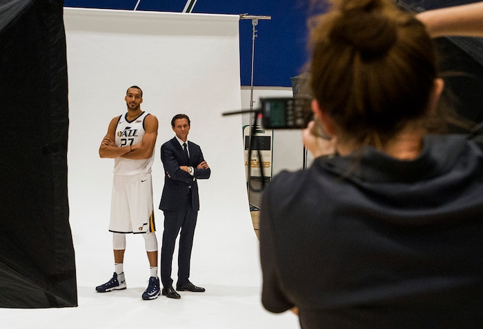 (Rick Egan  |  The Salt Lake Tribune) Utah Jazz center Rudy Gobert  and coach Quinn Snyder pose for photographer, Melissa Majchrzak, during the Utah Jazz media day, at the Zions Bank Basketball Center, Monday, September 25, 2017.


