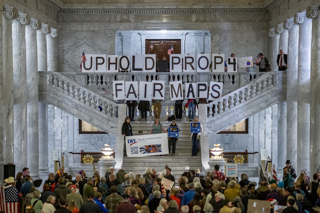 (Trent Nelson  |  The Salt Lake Tribune) People gather at the Utah Capitol prior to a special session on redistricting and the anti-public union bill in Salt Lake City on Tuesday, Dec. 9, 2025.