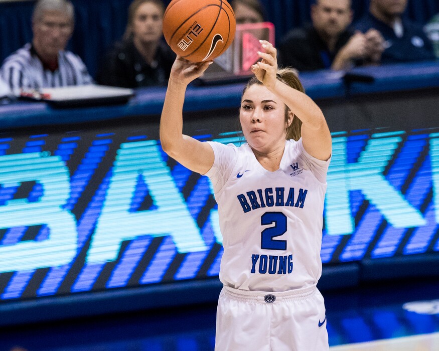 (Photo courtesy of Jaren Wilkey) Shaylee Gonzales is a 5-10 freshman point guard who leads the team in scoring and rebounding and is tied for the team lead in assists.