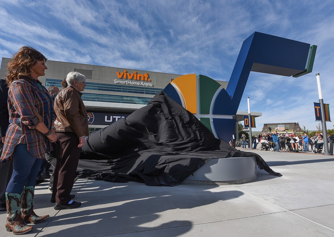 (Francisco Kjolseth  |  The Salt Lake Tribune)  The Jazz unveil renovations for the arena, starting with the J-Note statue and then offering self-guided tours of the venue on Tuesday, Sept. 26, 2017. The arena features new seats, new concourse areas, new anchor restaurants and open spaces for more social experiences at Jazz games and events.