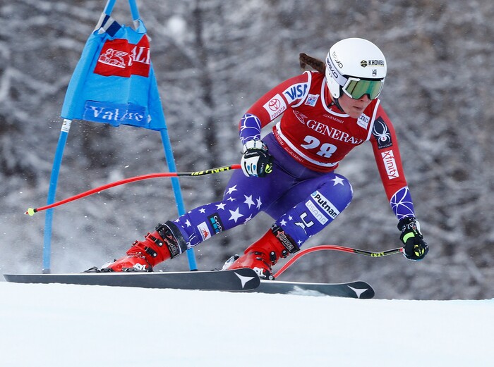 United States' Breezy Johnson competes during an alpine ski, women's World Cup super-G, in Val d'Isere, France, Sunday, Dec. 17, 2017. (AP Photo/Gabriele Facciotti)