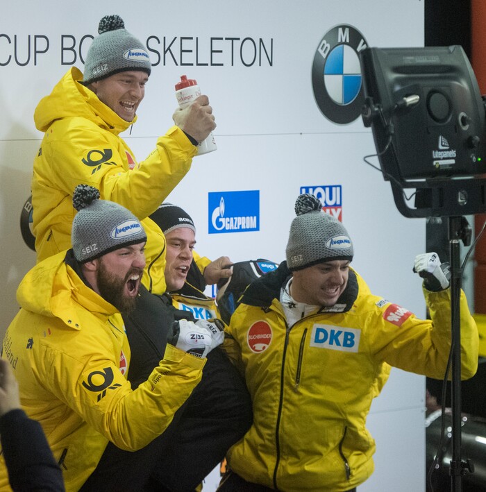 (Rick Egan  |  The Salt Lake Tribune)   Four - Man Bobsleigh team, Friedrich Francesco, Jannis Baecker, Martin Grothkopp, and Thorsten Margis, celebrated their first place finish in the BMW IBSF World Cup 4-Man Bobsleigh competition, in Park City, Saturday, November 18, 2017.