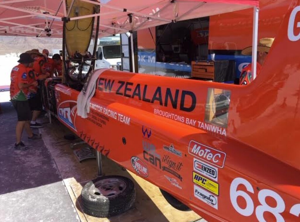 Photo courtesy of Tom Wharton | The Taniwha was shipped from New Zealand to run on the Salt Flats during Speed Week. The crew is hoping to hit 400 MPH. It took five weeks to ship.