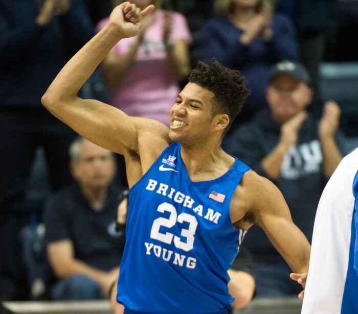 (Rick Egan  |  The Salt Lake Tribune) Brigham Young forward Yoeli Childs (23) celebrates a 23-11 Cougar lead, in basketball action Utah Utes vs. Brigham Young Cougars at the Marriott Center in Provo, Saturday, December 15, 2017.


