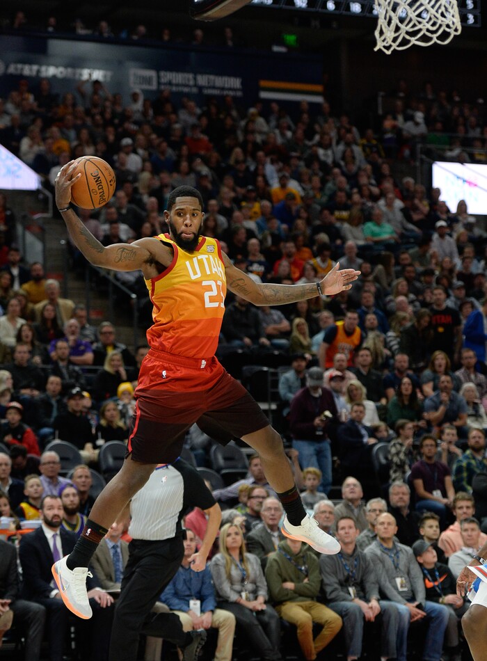 (Francisco Kjolseth  |  The Salt Lake Tribune)  Utah Jazz forward Royce O'Neale (23) manages to keep a long pass in bounds agains the Sacramento Kings in the NBA game at Vivint Smart Home Arena Wed., Nov. 21, 2018, in Salt Lake City.