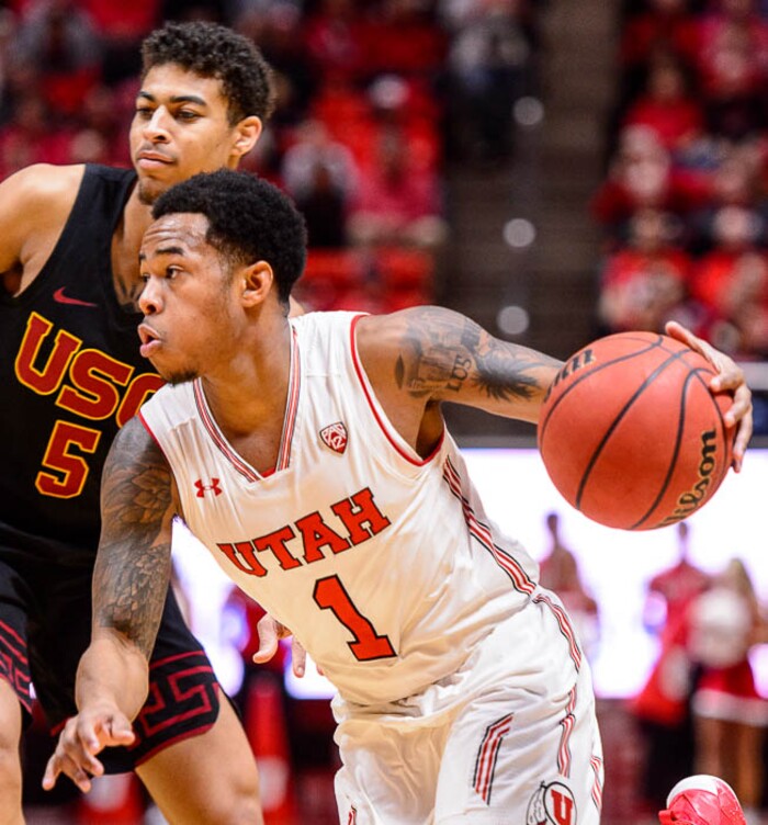 (Trent Nelson | The Salt Lake Tribune)  Utah Utes guard Justin Bibbins (1) as the University of Utah hosts USC, NCAA basketball at the Huntsman Center in Salt Lake City, Saturday Feb. 24, 2018.