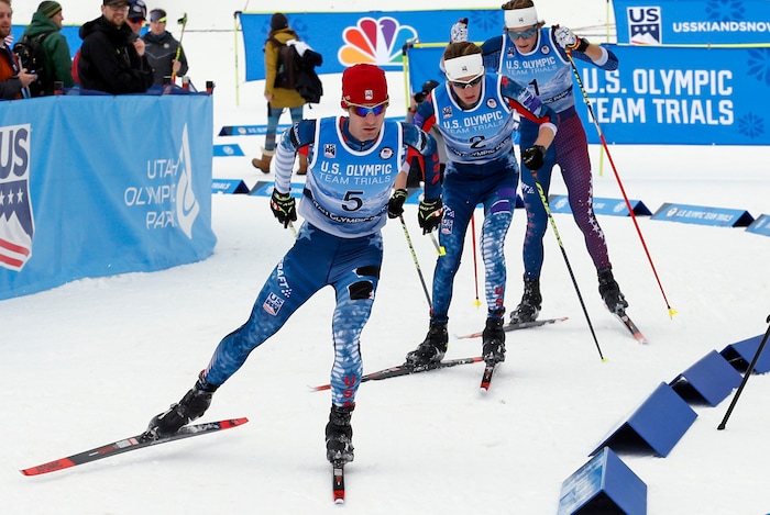 Bryan Fletcher (5) and Adam Loomis (2) and Ben Loomis (1) compete in cross-country ski portion of the Nordic Combined at the U.S. Olympic Team Trials, Saturday, Dec. 30, 2017, in Park City City. Fletcher won the competition and made the Olympic Team. (AP Photo/Rick Bowmer)
