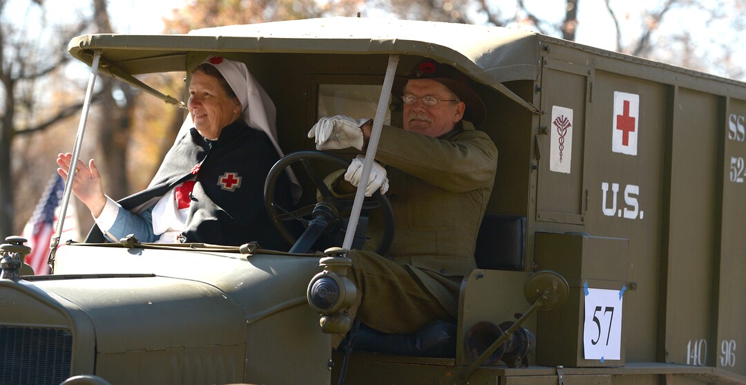 (Leah Hogsten  |  The Salt Lake Tribune)  Members of the American Red Cross during Northern Utah’s 12th Annual Veterans Day Parade Saturday, Nov. 11, 2017 in Layton.