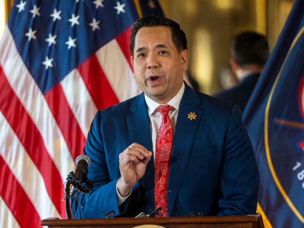 (Rick Egan | The Salt Lake Tribune) Utah Attorney General Sean Reyes talks about pending lawsuits with social media companies to protect the youth, during a news conference at the Capitol, on Monday, Jan. 23, 2023. Reyes, who has said he's a friend of Tim Ballard, says he will not support the embattled anti-human-tracking activists' potential U.S. Senate campaign.