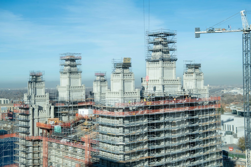 (The Church of Jesus Christ of Latter-day Saints)
The process of removing and cataloging stone for repair and restoration from the eastern towers and walls of the temple is viewed from the Joseph Smith Memorial Building, Salt Lake City, December 2021.