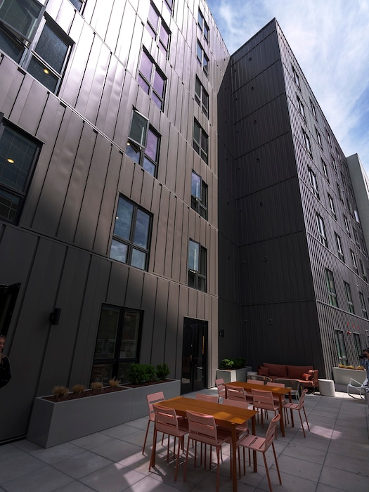 (Leah Hogsten | The Salt Lake Tribune) The Aster, a new complex at 255 S. State St., which offers 190 residential and mixed-income units, open-air spaces and community gathering spaces, May 2, 2023.