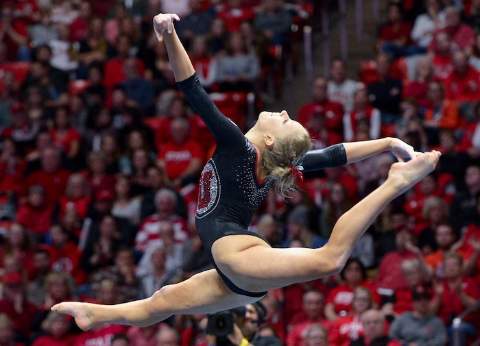 (Leah Hogsten  |  The Salt Lake Tribune) MaKenna Merrill-Giles received a 10 on her floor routine as the No. 4 Utah gymnasts host No. 20 Georgia in the final regular season meet at Jon M Huntsman Center in Salt Lake City Friday, March 16, 2018. 