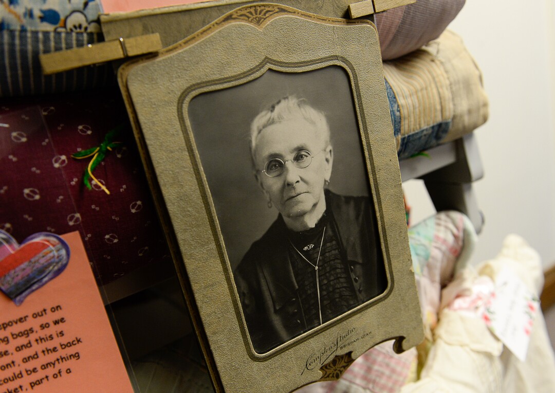 (Francisco Kjolseth  |  The Salt Lake Tribune)  A photo of Marie Anderson, great grandmother of Nacele Hart was on display during a show of the extensive quilt work created by Hart over the past 10-years. On Friday at a church in Orem her family put the quilts on display with plans to hand them out Saturday to her loved ones. She's also currently battling cancer.