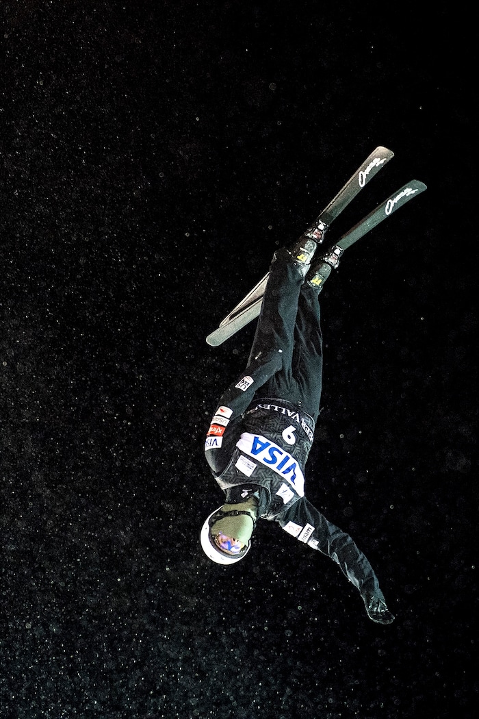 (Chris Detrick  |  The Salt Lake Tribune)  USA's Mac Bohonnon (9) competes in the Men's Aerial Finals during the FIS Visa Freestyle International Ski World Cup at Deer Valley Resort Friday, January 12, 2018.  Bohonnon finished in ninth place with a score of 97.35. 
