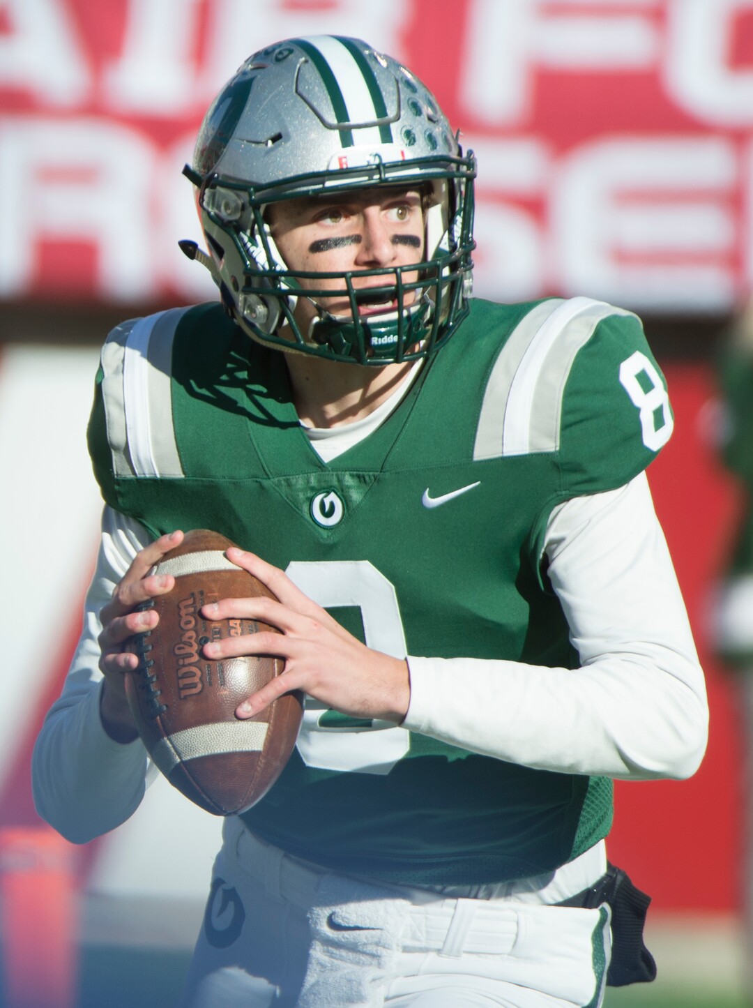 (Rick Egan  |  The Salt Lake Tribune)    Olympus quarterback Frank Jackson looks for an open man, in 5A football semifinal action between Olympus and Corner Canyon at Rice-Eccles Stadium, Thursday, Nov. 8, 2018.