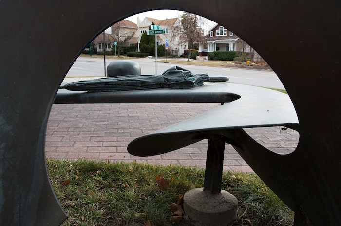 (Scott Sommerdorf   |  The Salt Lake Tribune)   
The bench at South Temple and T Street created by Utah sculptor Richard Johnston, Wednesday, December 20, 2017.  
