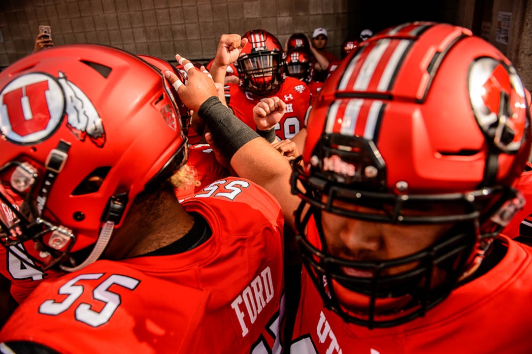 (Trent Nelson | The Salt Lake Tribune)  Utah Utes offensive lineman Lo Falemaka (69) leads the team in the huddle before the game as the University of Utah Utes host the Weber State Wildcats, Thursday Aug. 30, 2018 at Rice-Eccles Stadium in Salt Lake City.