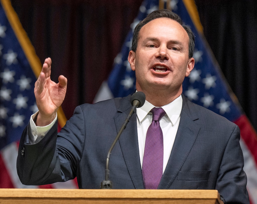 (Leah Hogsten | The Salt Lake Tribune) Sen. Mike Lee addresses the Utah Republican Party 2023 Organizing Convention at Utah Valley University on Saturday, April 22, 2023. Lee is under fire for saying that the flooding at Burning Man is God's punishment of the event.