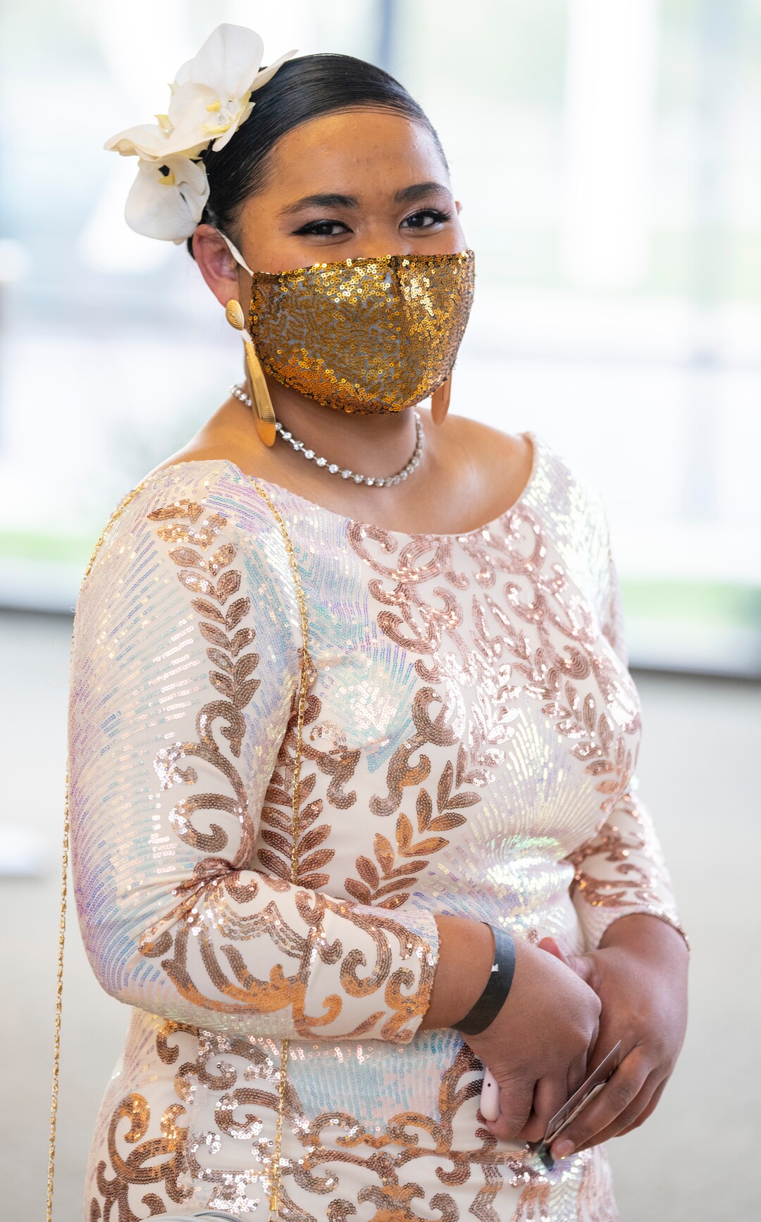 (Rick Egan | The Salt Lake Tribune)Cyprus student Camilla Fesili dresses in a sequin mask and gown for the Cyprus High school Prom, at the Viridian Event Center, on Saturday, April 24, 2021.