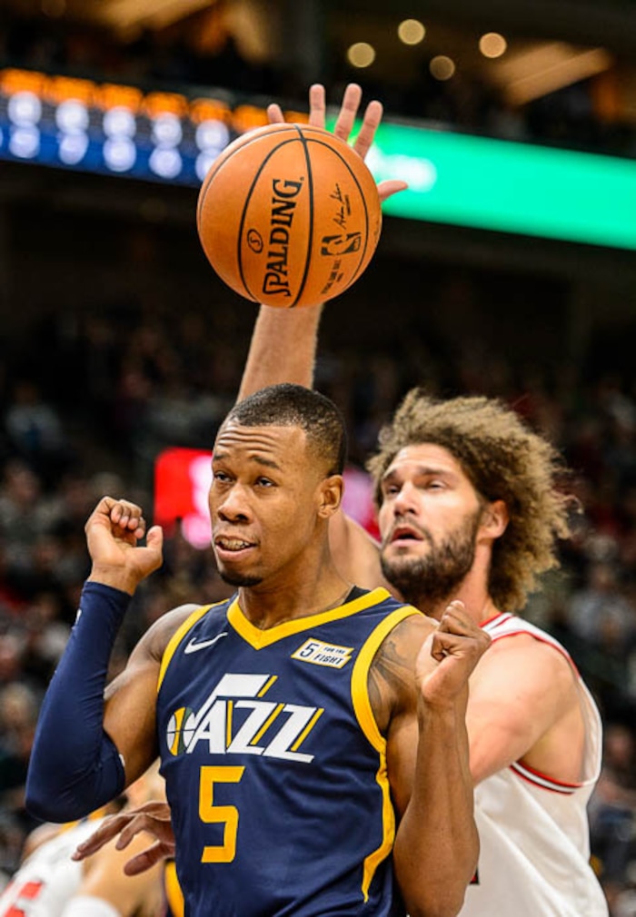 (Trent Nelson | The Salt Lake Tribune)  Utah Jazz guard Rodney Hood (5) and Chicago Bulls center Robin Lopez (42) as the Utah Jazz host the Chicago Bulls, NBA basketball in Salt Lake City Wednesday November 22, 2017.