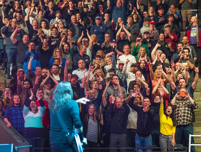(Leah Hogsten  |  The Salt Lake Tribune)  The Foo Fighters rock the crowd at Vivint Smart Home Arena to debut their latest studio album, "Concrete and Gold" in Salt Lake City, December 12, 2017.