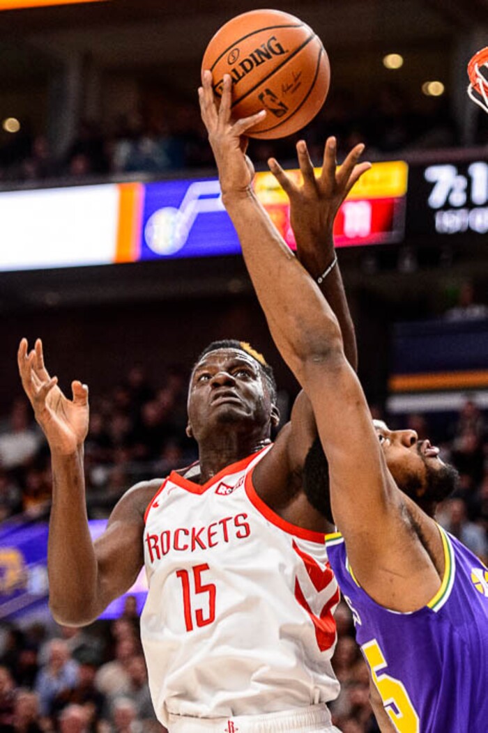 (Trent Nelson | The Salt Lake Tribune)  
Houston Rockets center Clint Capela (15) and Utah Jazz forward Derrick Favors (15). The Utah Jazz host the Houston Rockets, NBA basketball in Salt Lake City on Thursday Dec. 6, 2018.