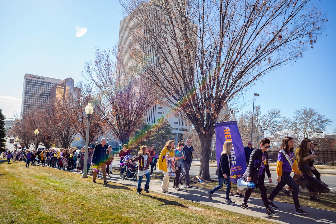 (Trent Nelson  |  The Salt Lake Tribune) A remembrance walk organized by Better Days 2020 in Salt Lake City on on Friday, Feb. 14, 2020 marks the 150th anniversary of Seraph Young casting her historical vote in Utah.