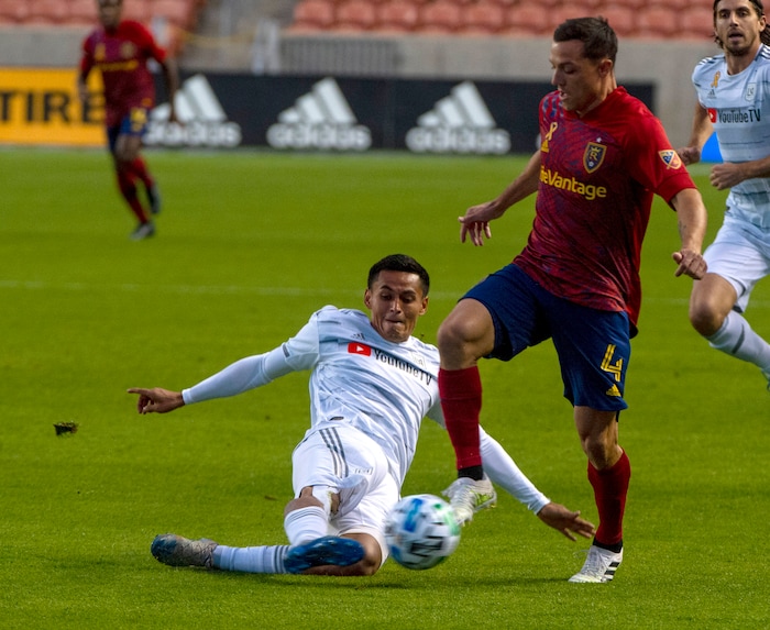 (Rick Egan  |  The Salt Lake Tribune)  Real Salt Lake defender Donny Toia (4) goes for the ball as Los Angeles FC defender Andy Najar defends, in MLS soccer action between Real Salt Lake and Los Angeles FC at Rio Tinto Stadium, on Wednesday, Sept. 9, 2020.


