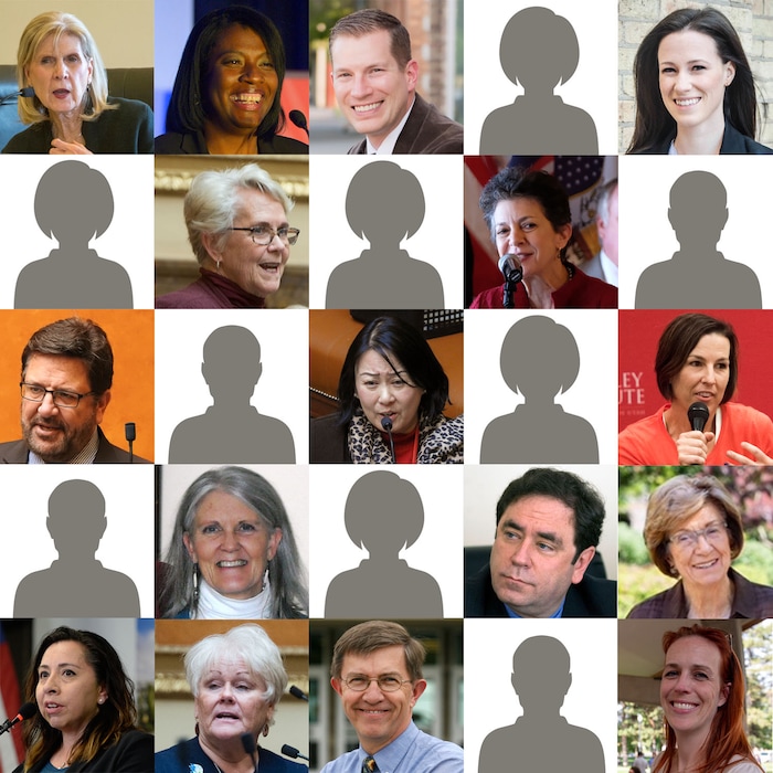 (Photo illustration by Rachel Molenda  |  The Salt Lake Tribune) The nine silhouettes represent the nine additional Democrats that could be in office if representation in the Utah House of Representatives was proportionate to the state's popular vote. The upcoming class of Democrats in the Utah legislature from left to right are:  Marie H. Poulson, Sandra Hollins, Andrew Stoddard, Stephanie Pitcher, Carol Spackman Moss, Patrice Arent, Mark Wheatley, Karen Kwan, Suzanne Harrison, Elizabeth Weight, Brian King, Luwanna Lou Shurtliff, Angela Romero, Susan Duckworth, Joel Briscoe and Jen Dailey-Provost.
