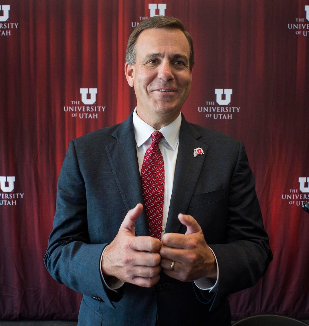 (Rick Egan  |  The Salt Lake Tribune)   University of Utah's new Athletic Direct, Mark Harlan, talks to reporters after a news conference at the Rice-Eccles Stadium,  Monday, June 4, 2018.