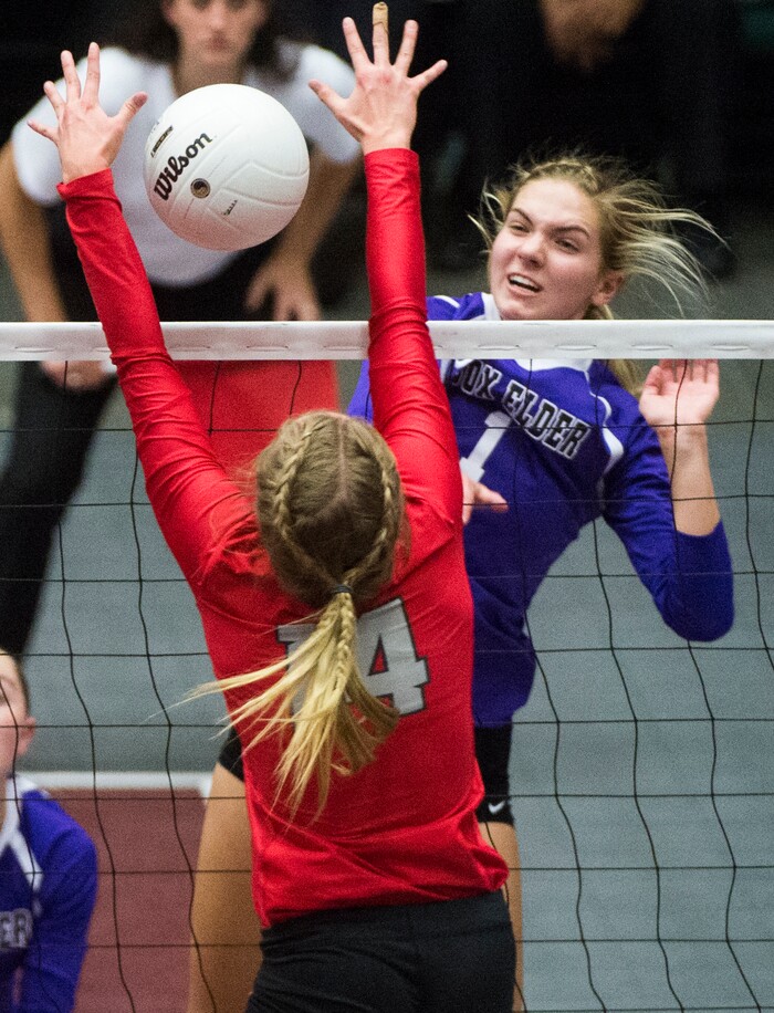 (Rick Egan  |  The Salt Lake Tribune) Box Elder Bees Andreanna McKee (1) tries to get the ball past Bountiful Braves Bri Mortensen (14) in 5A volleyball championship game, Bountiful vs. Box Elder, at Utah Valley University, Saturday, November 4, 2017.