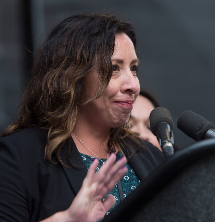 (Rick Egan  |  The Salt Lake Tribune)  Representative Angela Romero speaks to the crowds of people at the City and County Building for the Charlottesville Va. solidarity rally, hosted by Utah League of Native American Voters, Monday, August 14, 2017.


