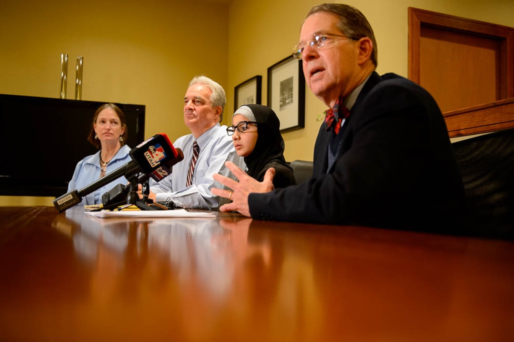 (Trent Nelson | The Salt Lake Tribune) 
The Refugee Justice League, a group of attorneys that provides pro-bono work for refugees in Utah, holds a news conference. Left to right are Marynell Hinton, McKell Withers, Al-Shammari and James McConkie.