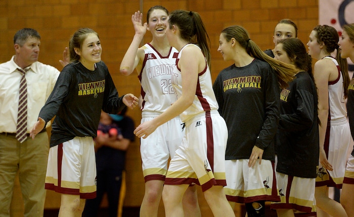 Leah Hogsten  |  The Salt Lake TribuneViewmont's Mercedes Staples is congratulated for her 3-point shot by teammates during a timeout. Layton High School leads Viewmont High School 19-15 girls' basketball team, Tuesday, February 7, 2017 in Bountiful.