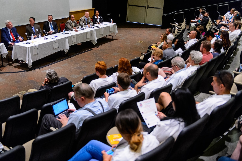 (Trent Nelson  |  The Salt Lake Tribune)  Ken Hansen, Steve Anjewierden, Levi Hughes, Matani Umu Manatau, Fred Ross, and Rosie Rivera at the Salt Lake County Sheriff Candidates Forum in Sandy, Thursday August 3, 2017. The six candidates are seeking the nomination for sheriff, a job vacated by Jim Winder, who is now the police chief in Moab.