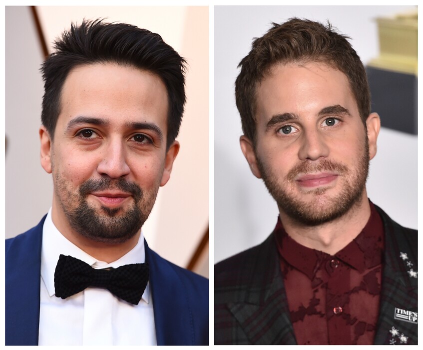 This combination of photos shows Lin-Manuel Miranda, left, at the Oscars in Los Angeles on March 4, 2018, and Ben Platt at the Grammy Awards in New York on Jan. 28, 2018. Miranda, the creator of "Hamilton," and Platt, the original star of "Dear Evan Hansen," recorded a duet called "Found/Tonight,' mixing lyrics from "You Will Be Found" from "Dear Evan Hansen" and "The Story of Tonight" from "Hamilton." The song was released at midnight on Sunday, March 18, 2018. (AP Photos/File)