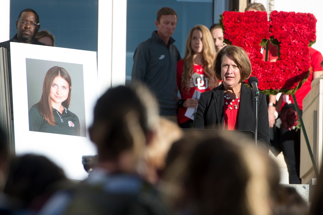 (Jeremy Harmon  |  The Salt Lake Tribune) University of Utah President Ruth Watkins speaks during a vigil for Lauren McCluskey on Wed. Oct 24, 2018. McCluskey was killed on campus on Monday.