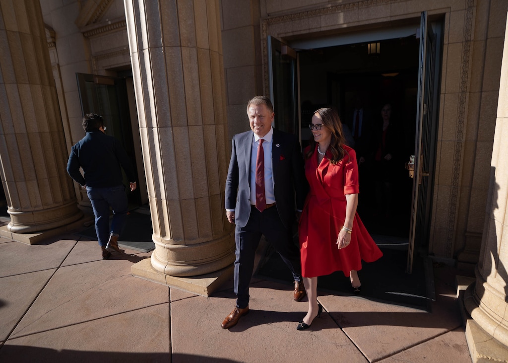 (Francisco Kjolseth | The Salt Lake Tribune) Taylor Randall and his wife Janet exit Kingsbury Hall following his inauguration ceremony as University of Utah's 17th president on Wednesday, March 23, 2022.