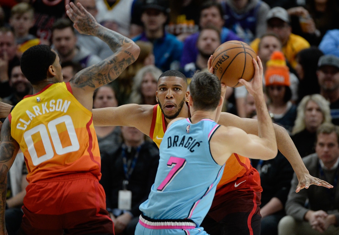 (Francisco Kjolseth  |  The Salt Lake Tribune) Utah Jazz guard Jordan Clarkson (00) and Utah Jazz center Tony Bradley (13) put the pressure on Miami Heat guard Goran Dragic (7) as the Utah Jazz host the Miami Heat in their NBA basketball game at Vivint Smart Home Arena in Salt Lake City on Wednesday, Feb. 12, 2020.