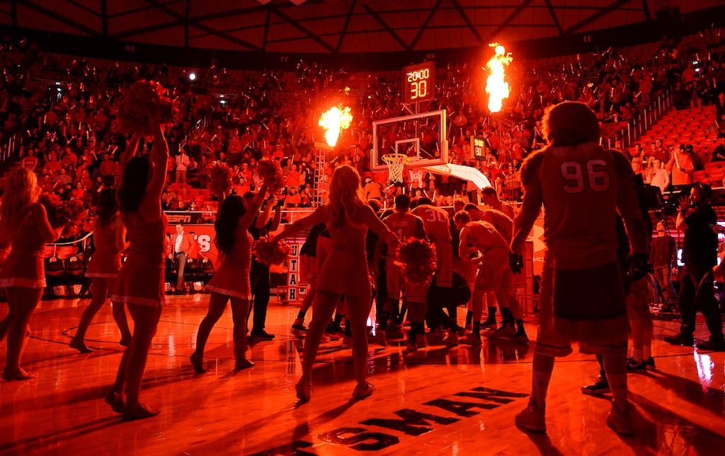 (Francisco Kjolseth  |  The Salt Lake Tribune)  The Utes and their fans pump up the energy at the start of their game as the University of Utah hosts UCLA in NCAA basketball at the Huntsman Center in Salt Lake City, Thursday, Feb. 22, 2018.