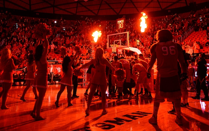 (Francisco Kjolseth  |  The Salt Lake Tribune)  The Utes and their fans pump up the energy at the start of their game as the University of Utah hosts UCLA in NCAA basketball at the Huntsman Center in Salt Lake City, Thursday, Feb. 22, 2018.