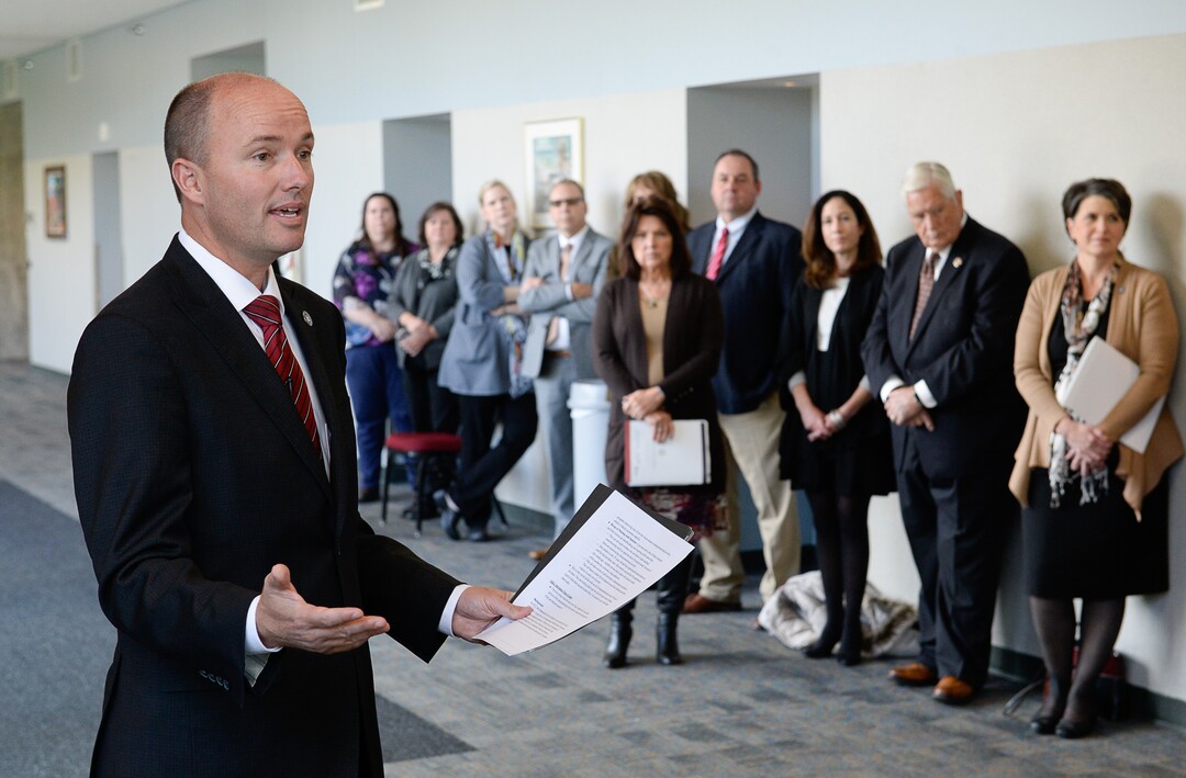 (Francisco Kjolseth  |  The Salt Lake Tribune)  Lt. Governor Spencer Cox chair of the Intergenerational Welfare Reform Commission discusses a report on intergenerational poverty, welfare dependency and the use of public assistance during a press event at the Salt Lake Community College in Sandy on Monday, Nov. 2, 2017. 